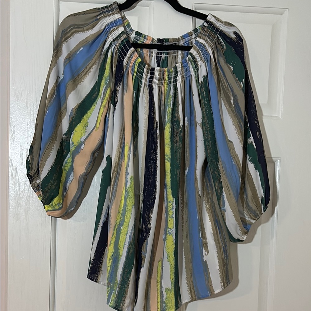 Blue relaxed off the shoulder 3/4 sleeve blouse